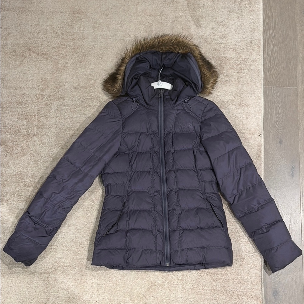 Women's Navy Puffer Jacket with Faux Fur Hood